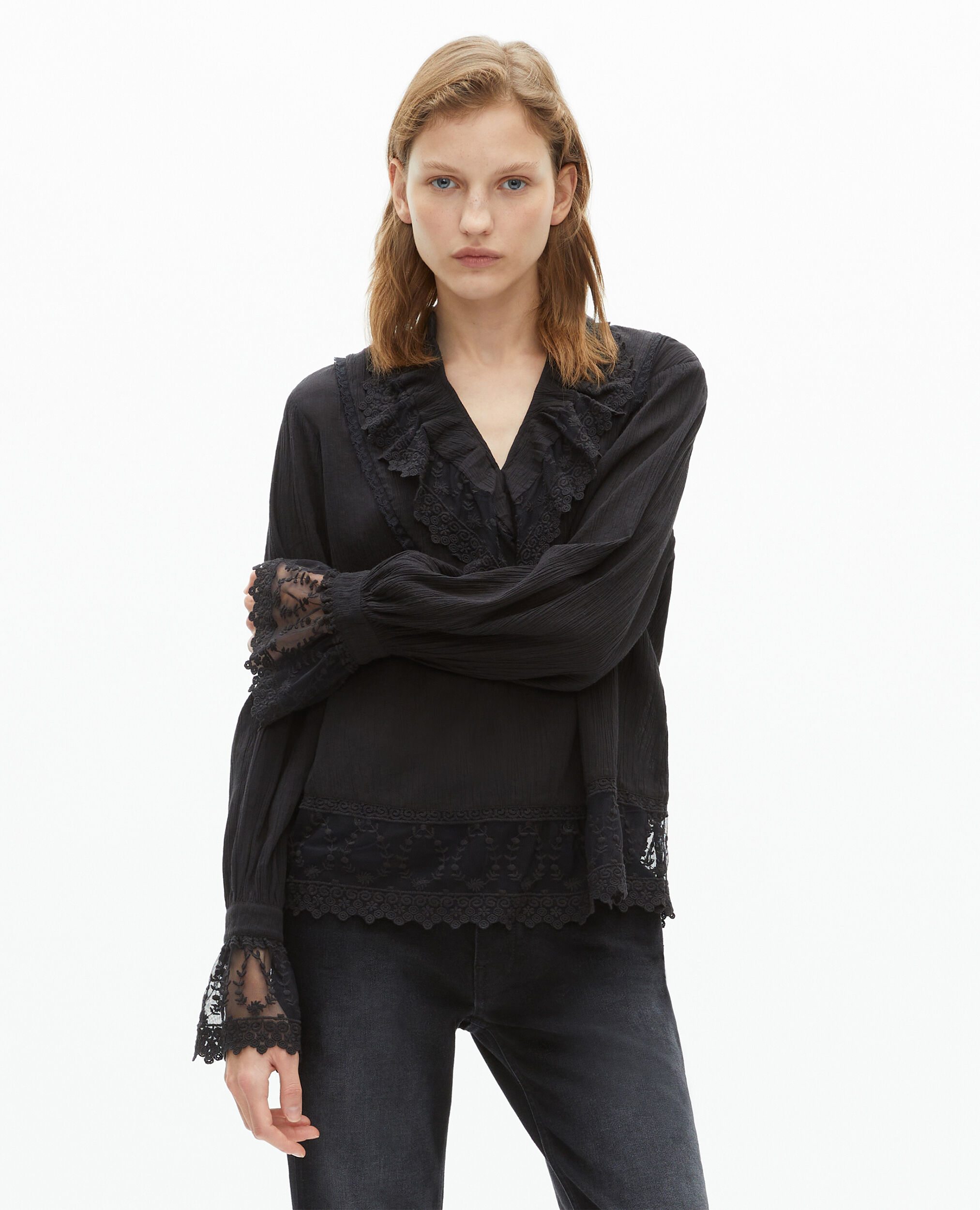 Blouse avec guipure noire, BLACK, hi-res image number null