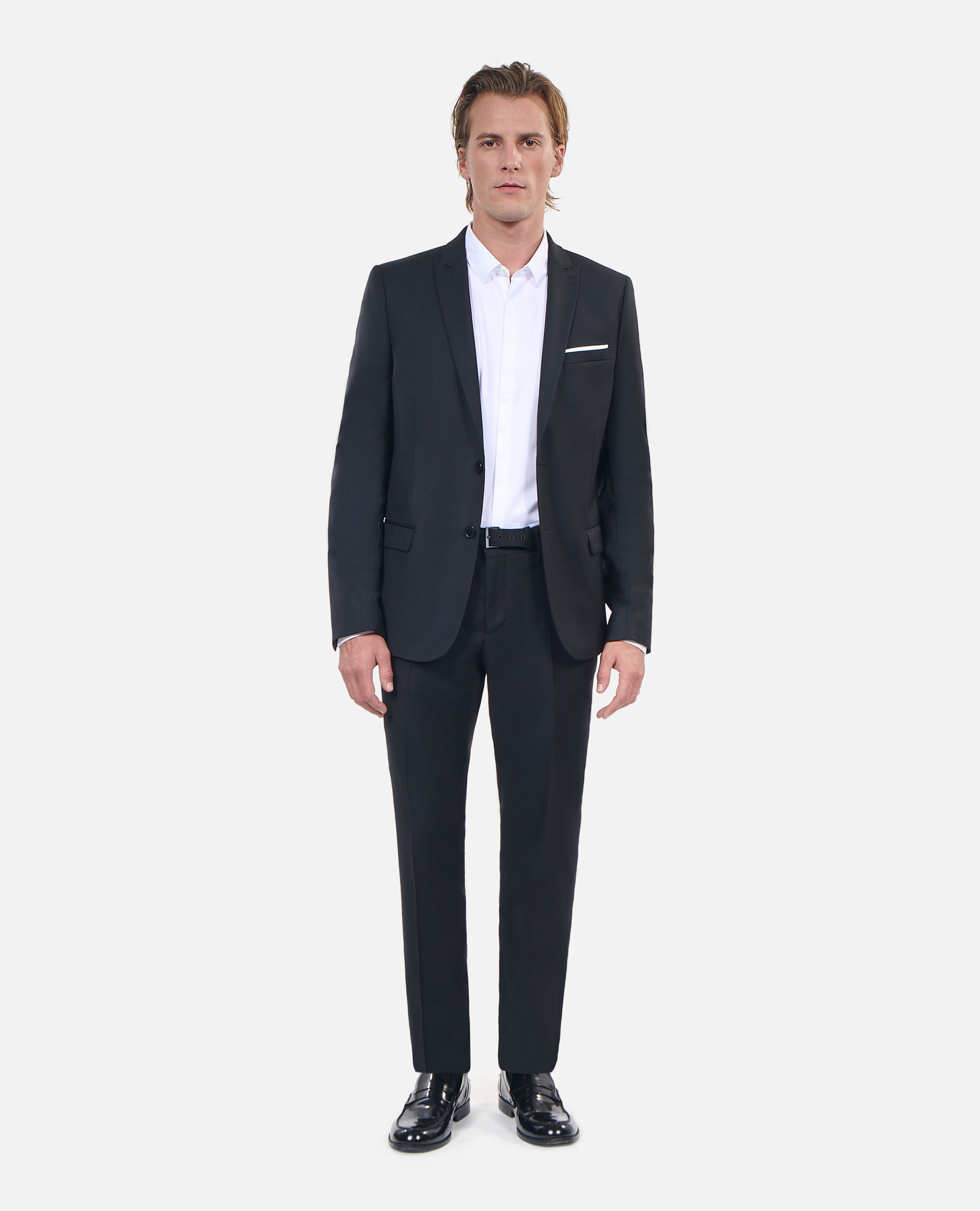 Pantalon de costume en laine à ceinture intégrée noir coupe ajustée, BLACK, hi-res image number null