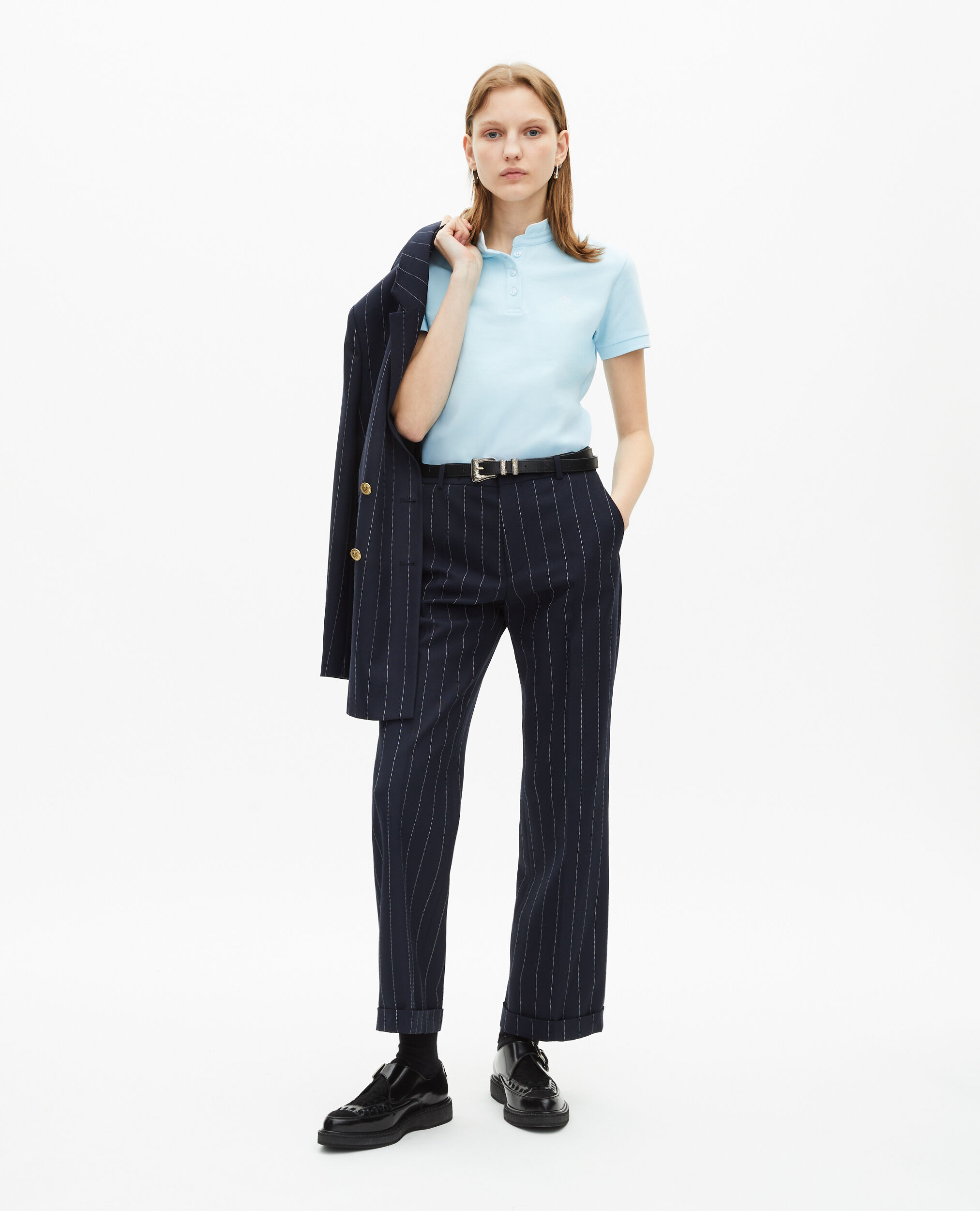 Pantalon tailleur rayures tennis droit en laine mélangée, NAVY, hi-res image number null