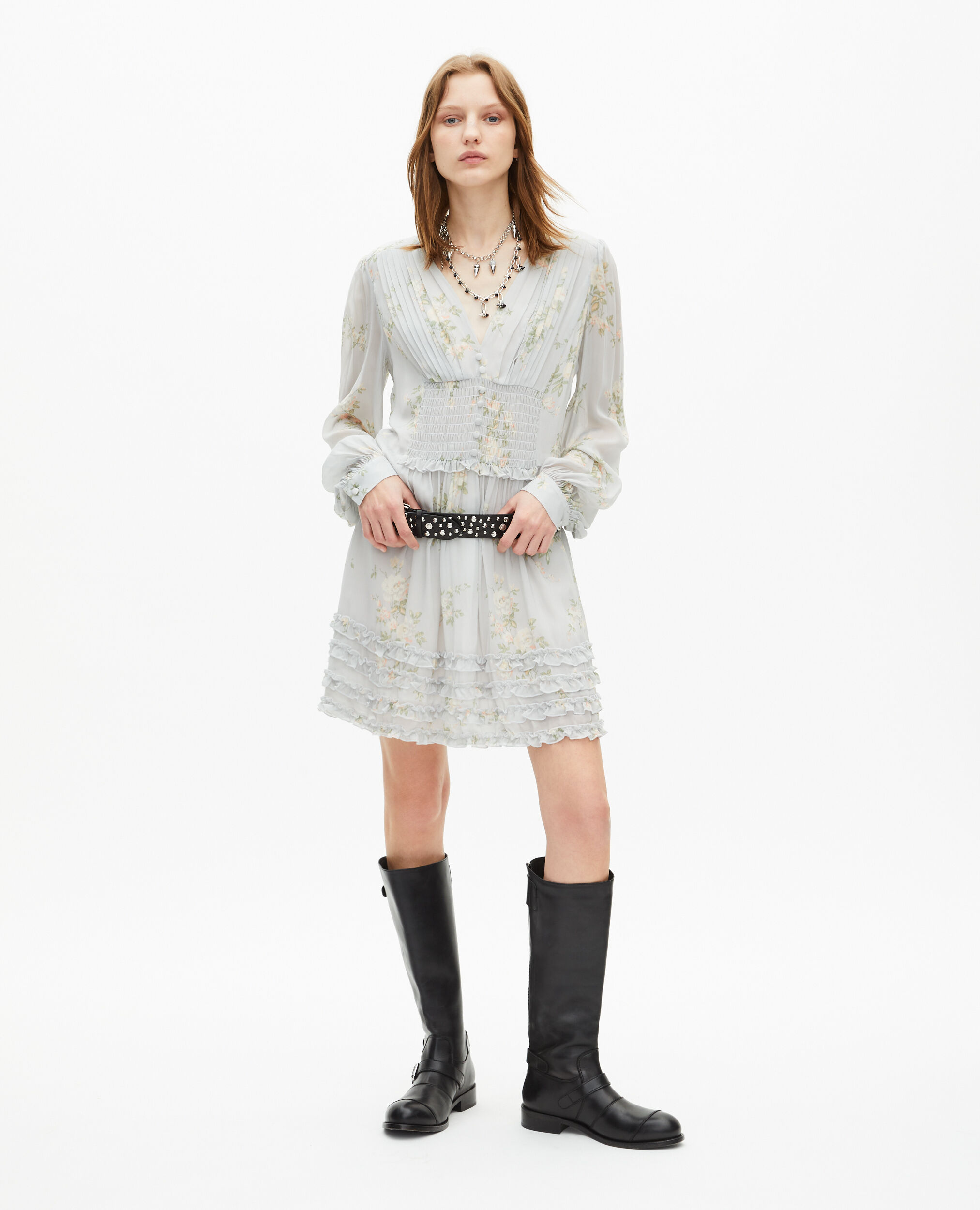 Robe courte imprimé fleuri bleue, BLUE, hi-res image number null