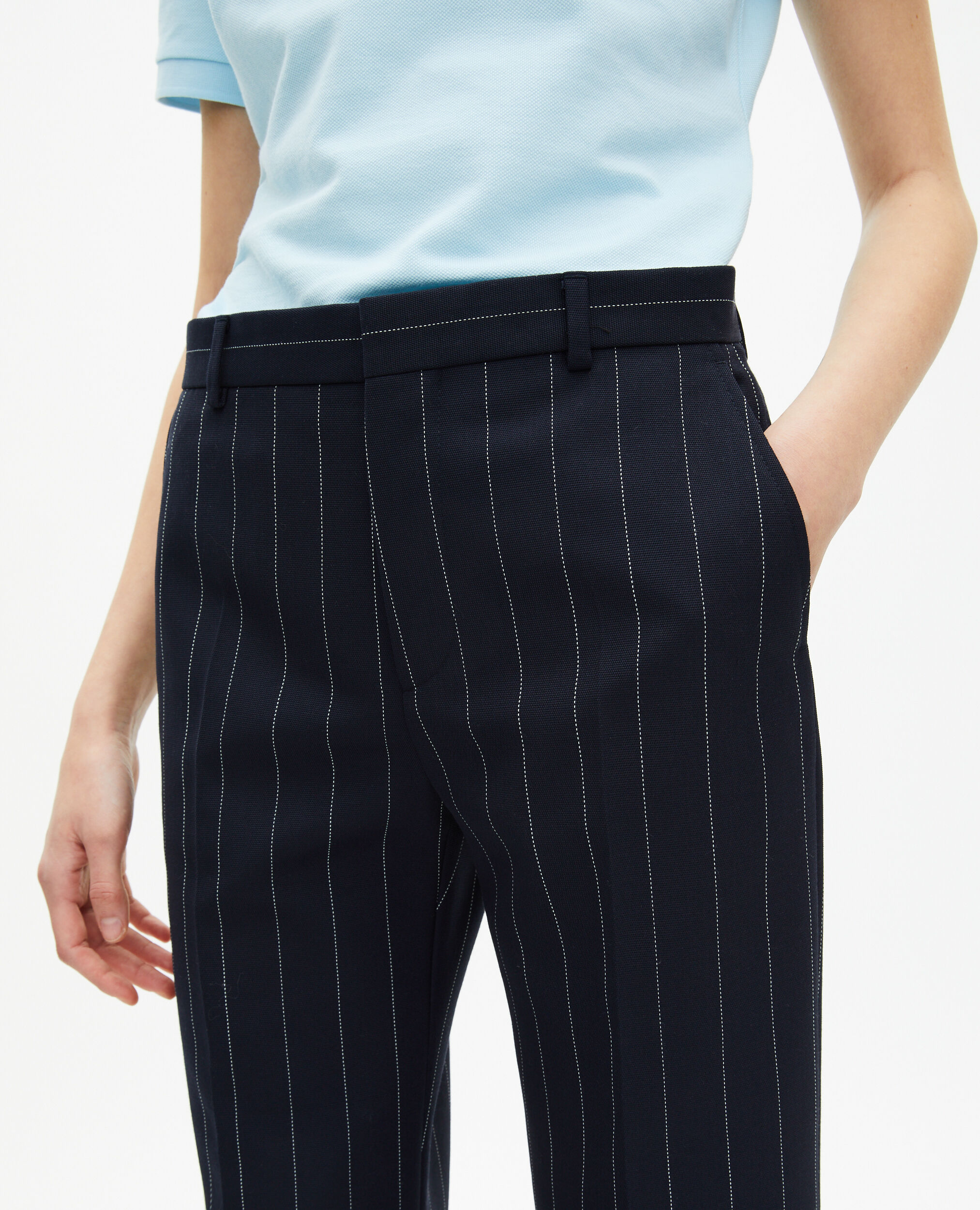 Pantalon tailleur rayures tennis droit en laine mélangée, NAVY, hi-res image number null
