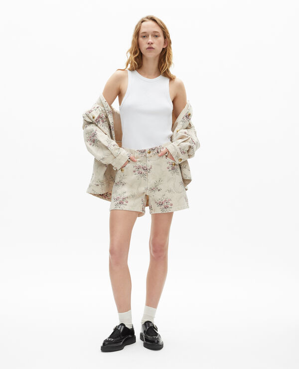 The Kooples FEMME BEIGE TAUPE short imprimé fleuri en denim beige