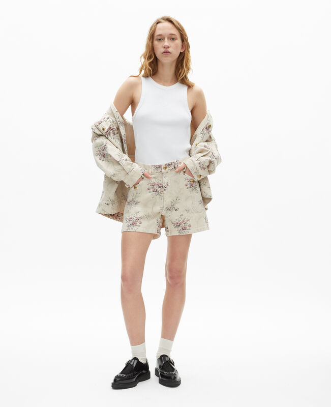 The Kooples FEMME BEIGE TAUPE short imprimé fleuri en denim beige