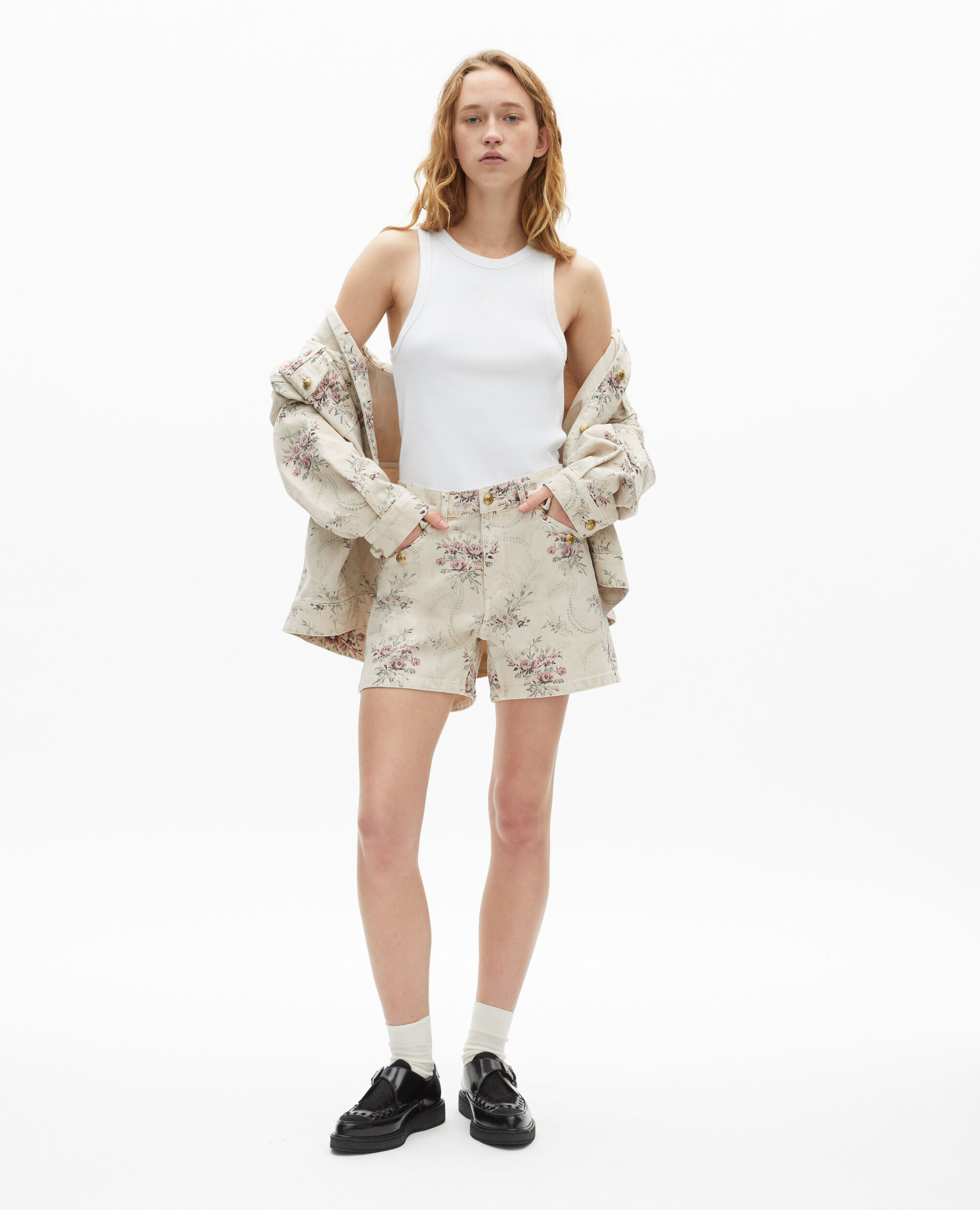 Short imprimé fleuri en denim beige, BEIGE TAUPE, hi-res image number null