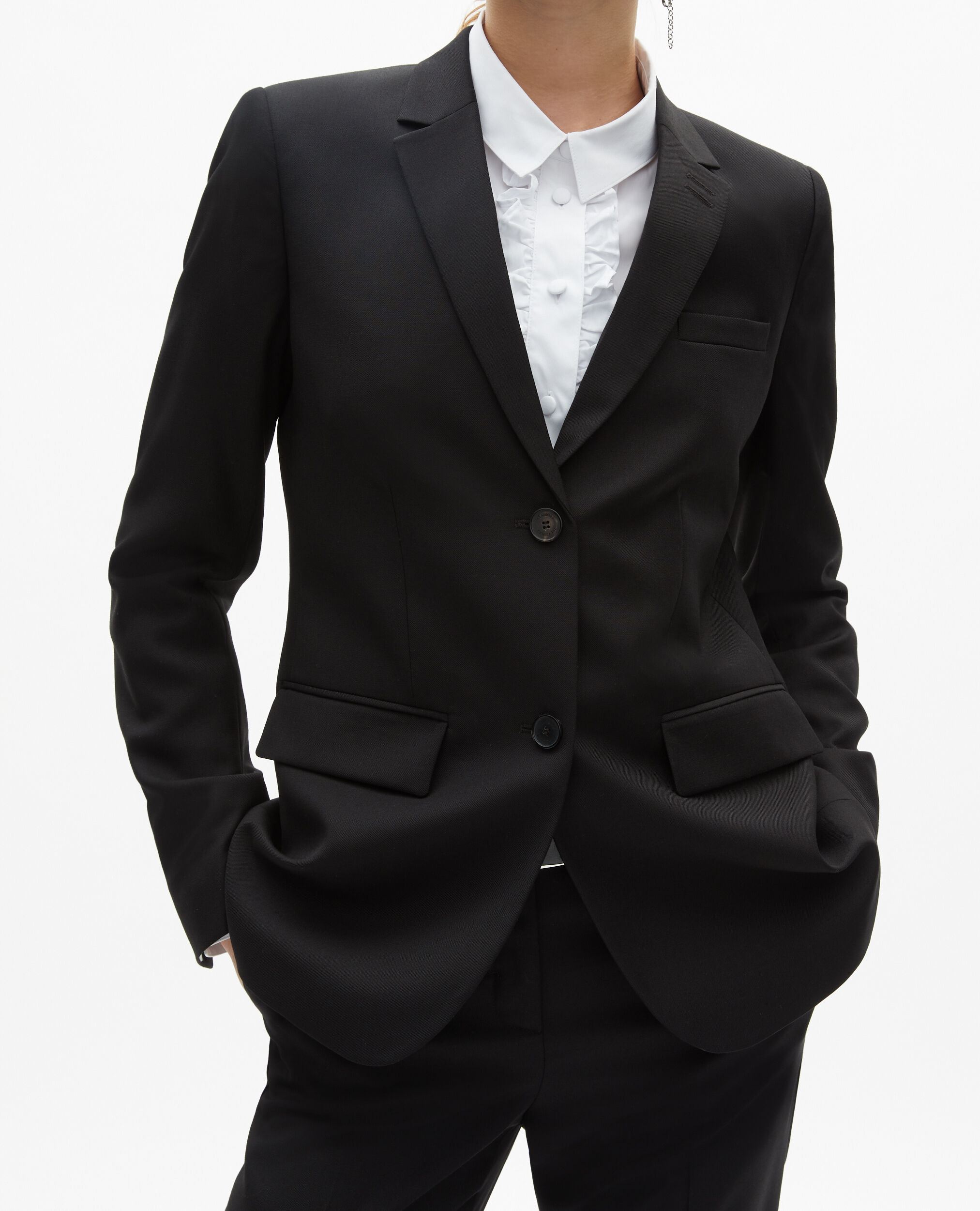 Veste tailleur en laine coupe cintrée noire, BLACK, hi-res image number null