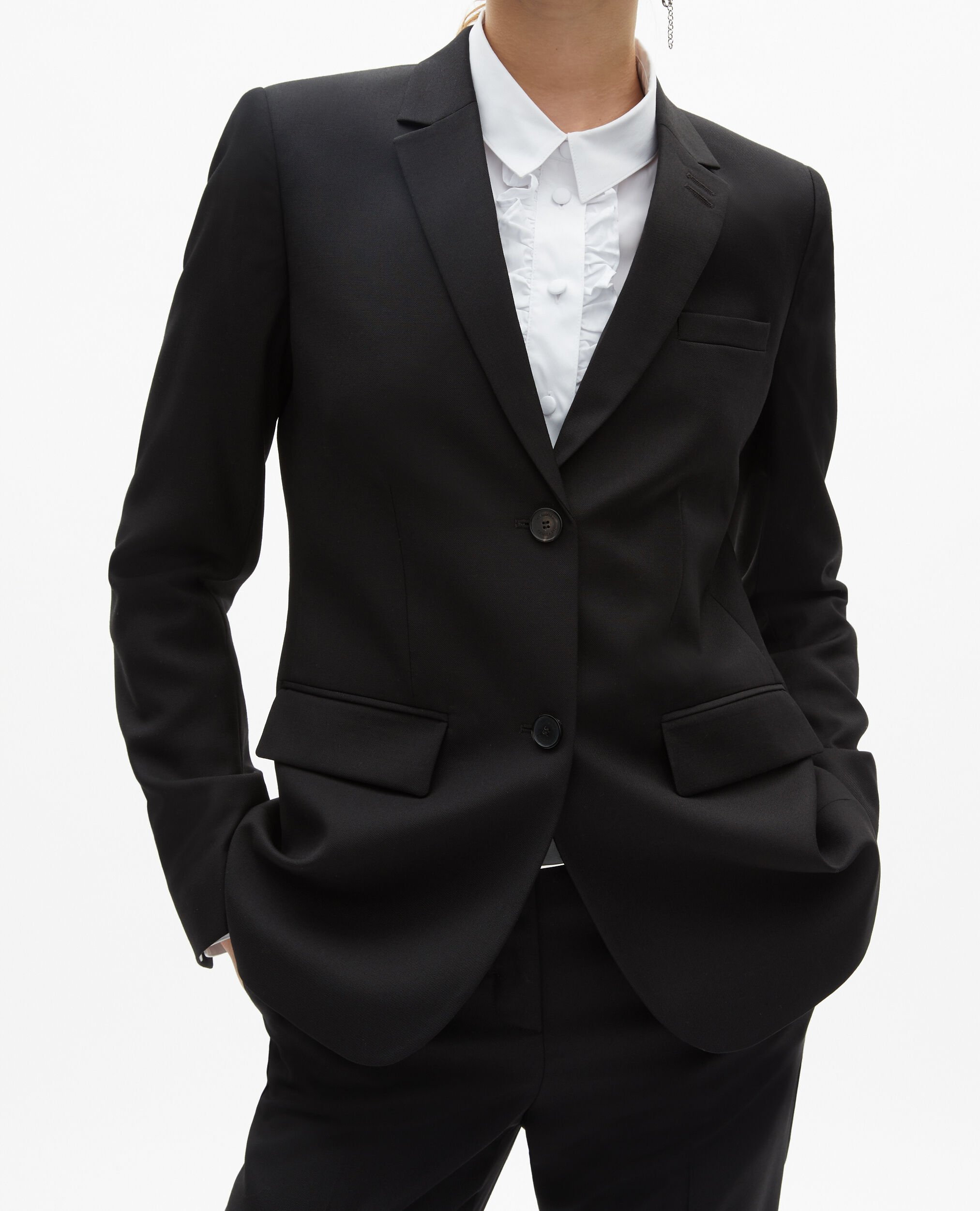 Veste tailleur en laine coupe cintrée noire, BLACK, hi-res image number null