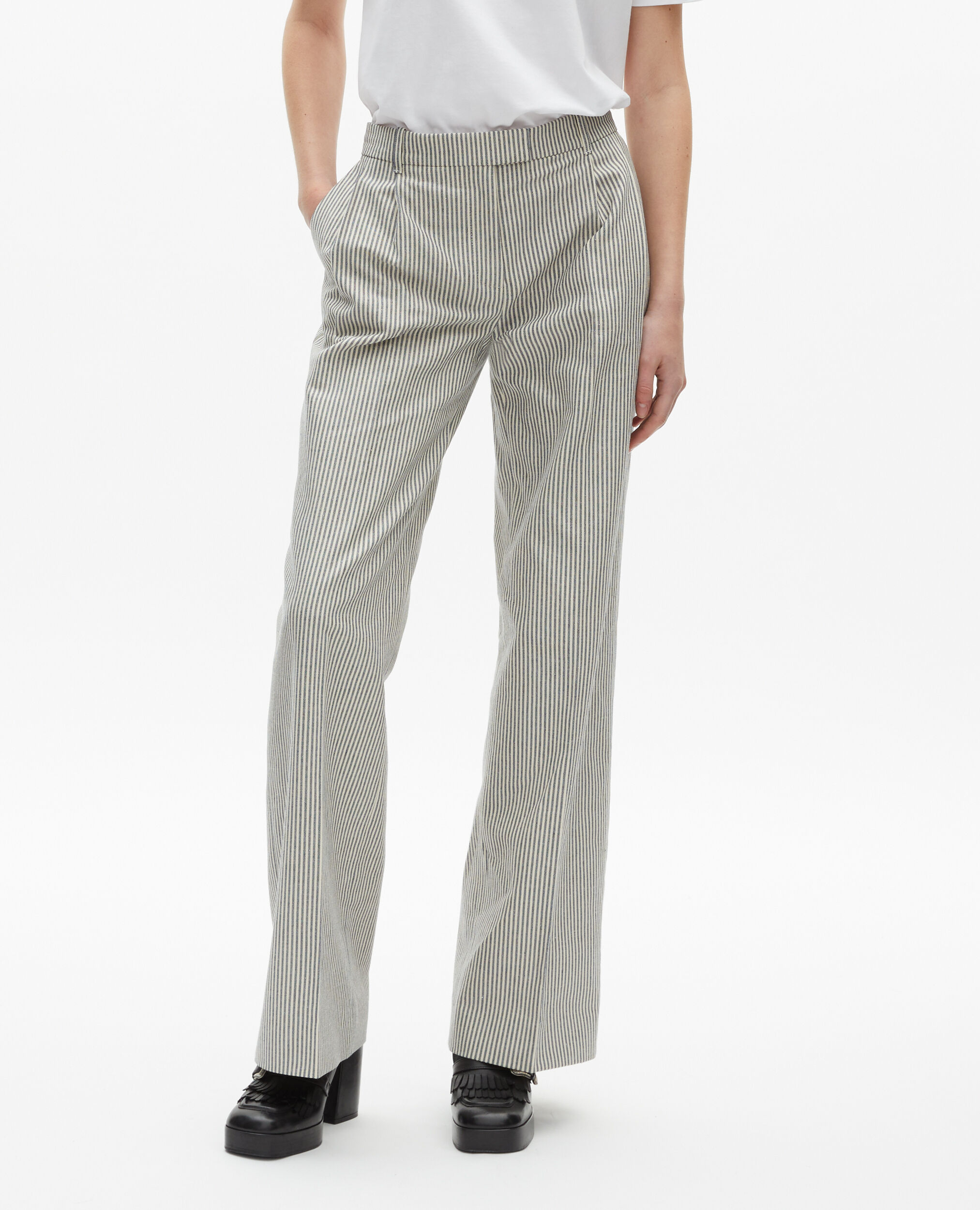 Pantalon ample à rayures en coton et lin blanc, BLANC / BLEU, hi-res image number null