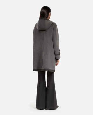 The Kooples WOMEN PETROL GREY long gray wool hooded pea coat