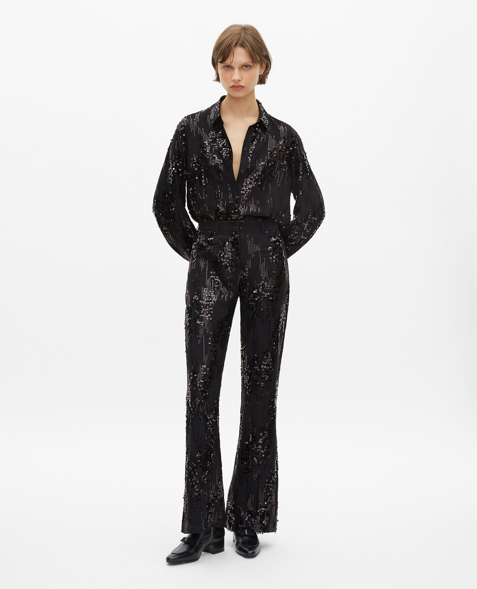 Pantalon flare à sequins noir, BLACK, hi-res image number null