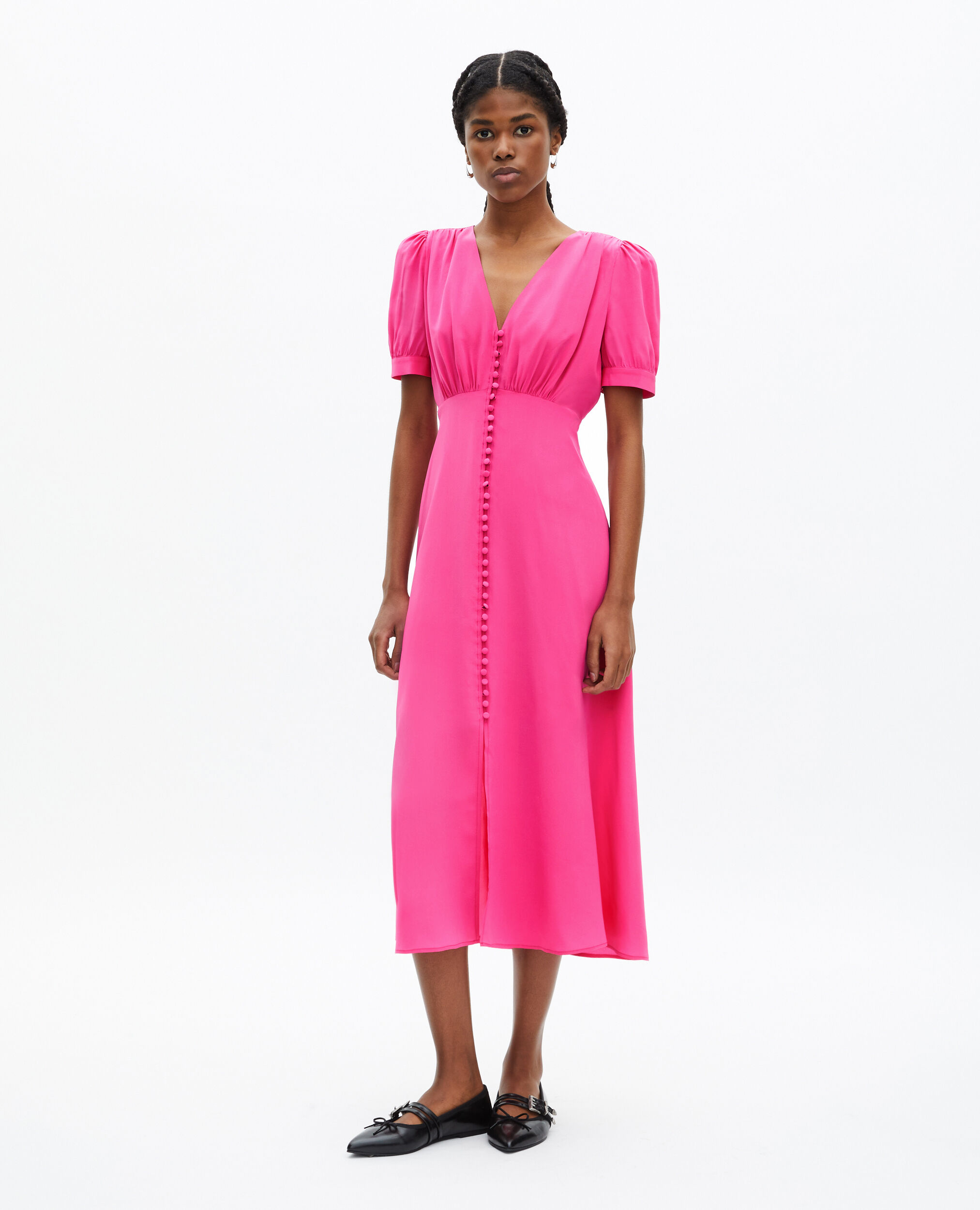 Robe longue avec boutonnage en soie rose, FUSHIA, hi-res image number null