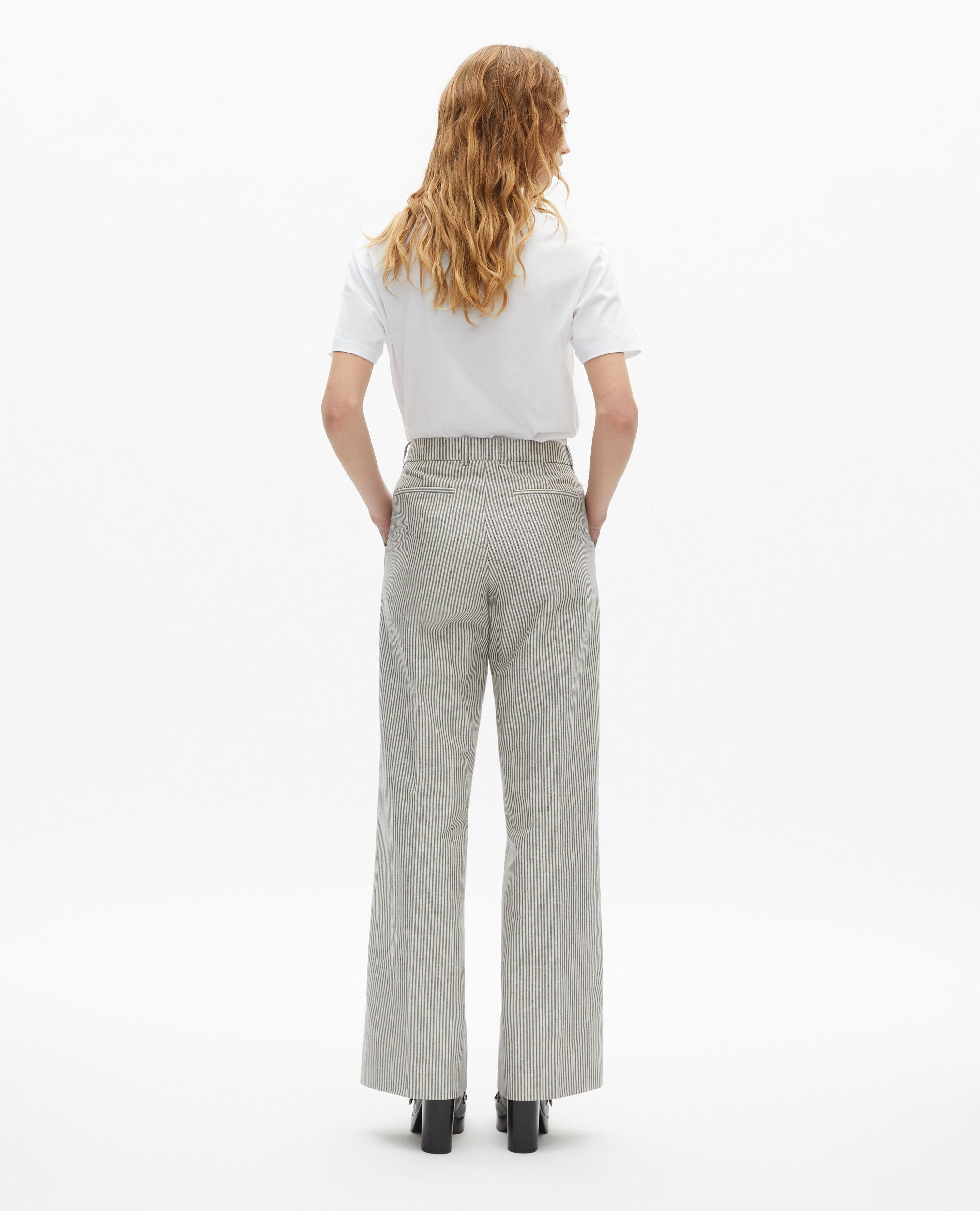 Pantalon ample à rayures en coton et lin blanc, BLANC / BLEU, hi-res image number null