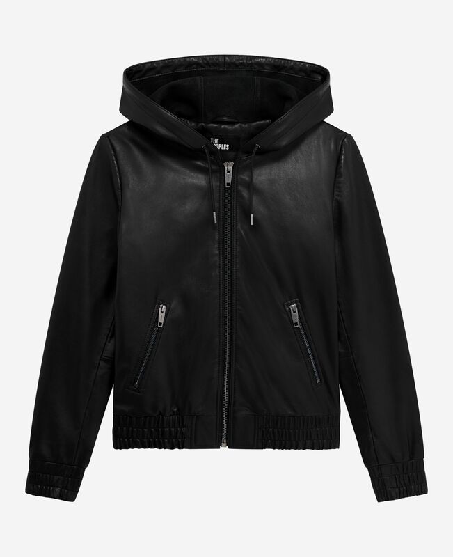 The Kooples FEMME BLACK blouson à capuche en cuir noir