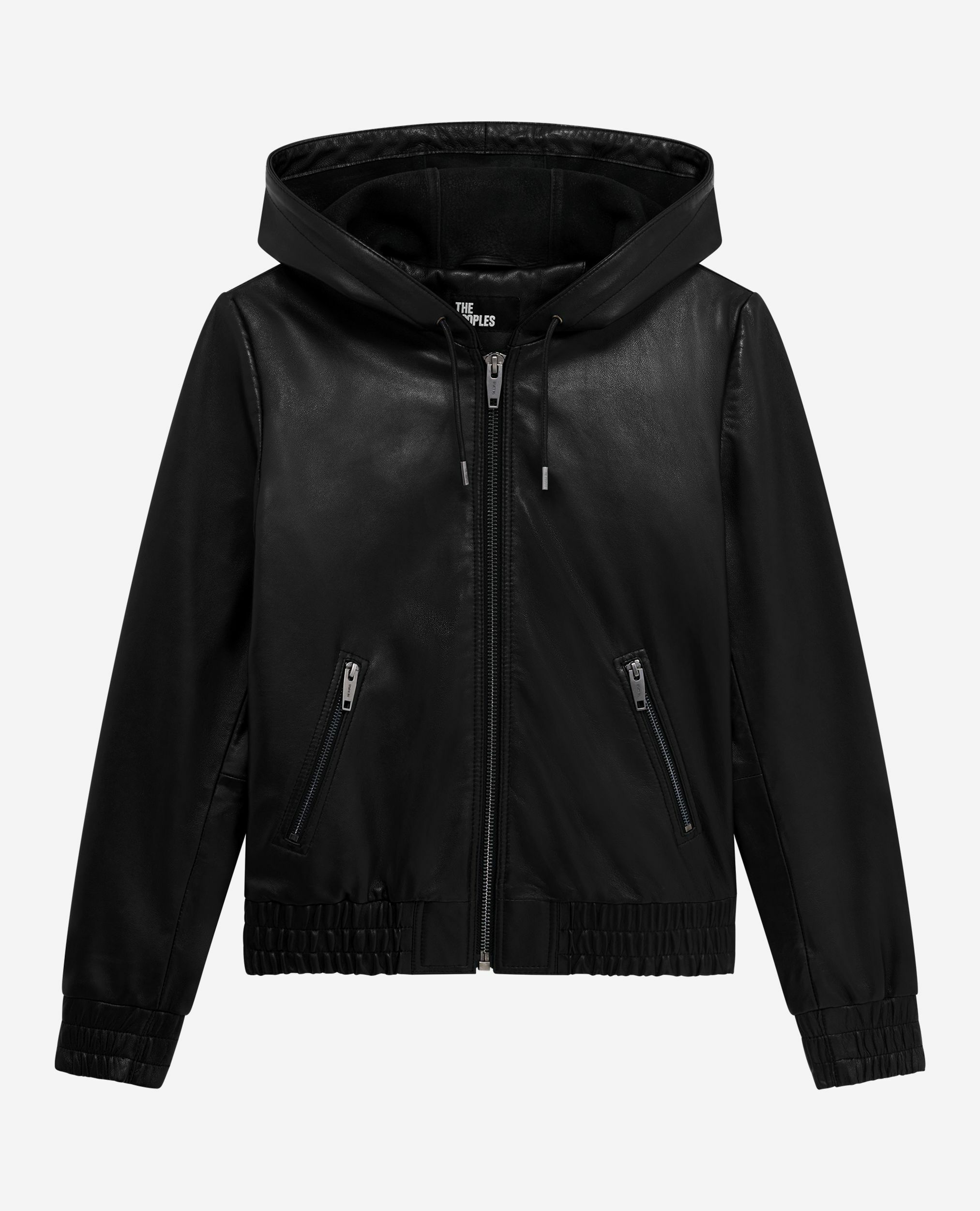 Blouson à capuche en cuir noir, BLACK, hi-res image number null