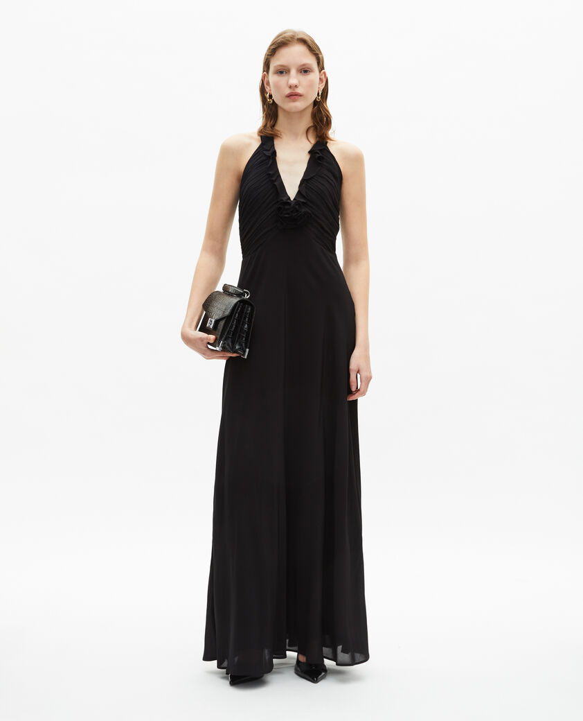 The Kooples WOMEN BLACK long low-cut dress with black flower detail