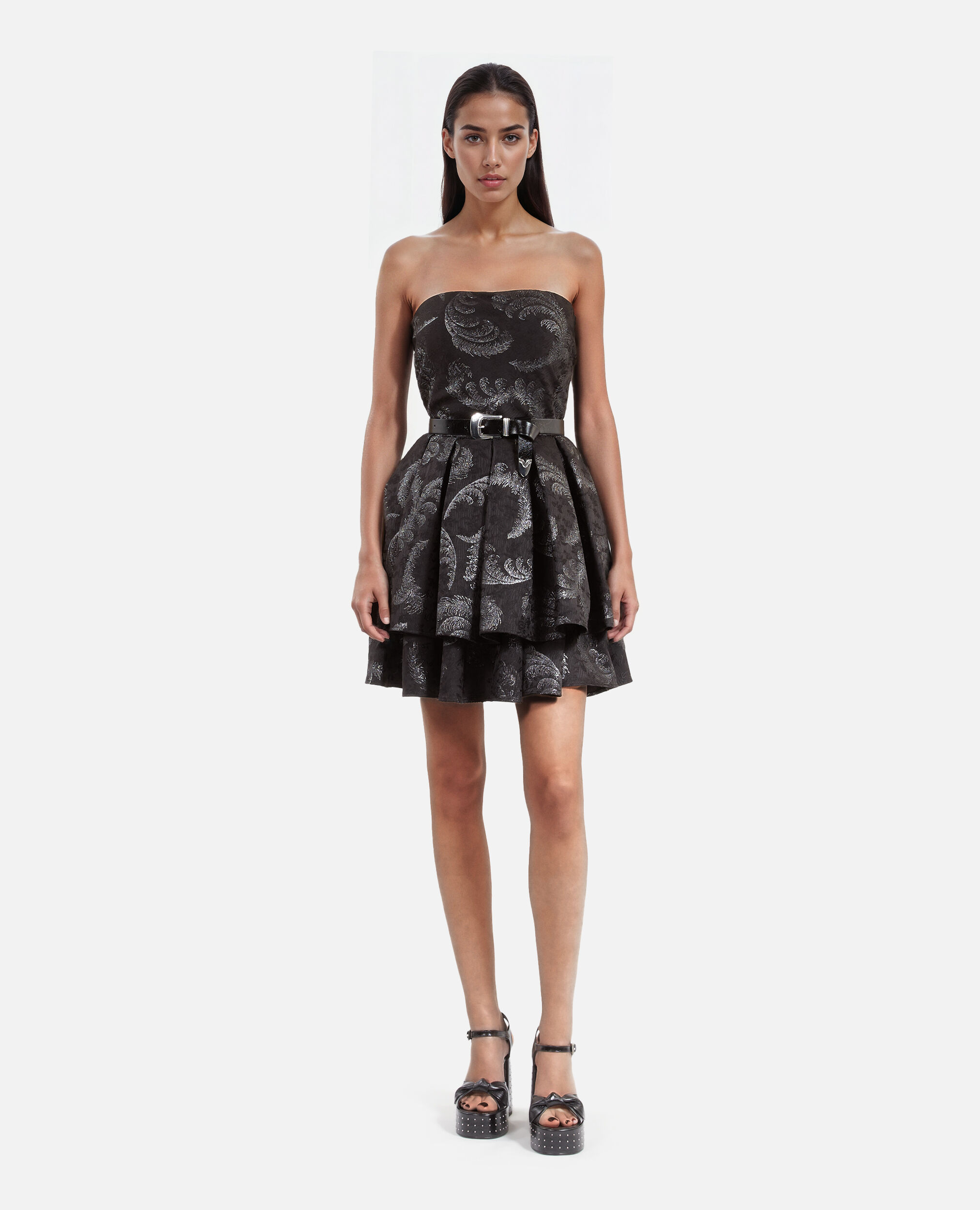 Robe courte bustier en jacquard noire, BLACK / SILVER, hi-res image number null