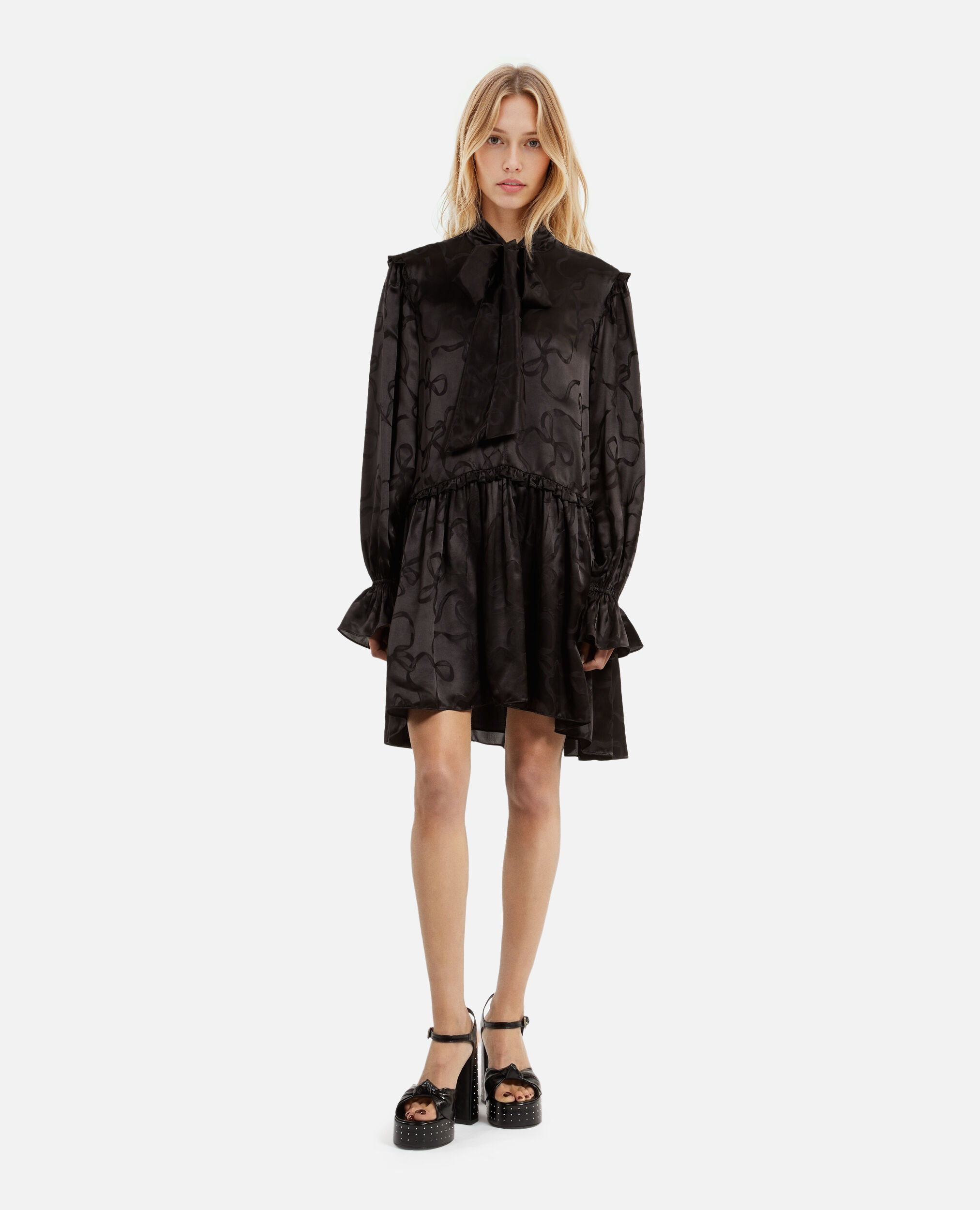 Robe courte jacquard imprimé rubans, BLACK, hi-res image number null