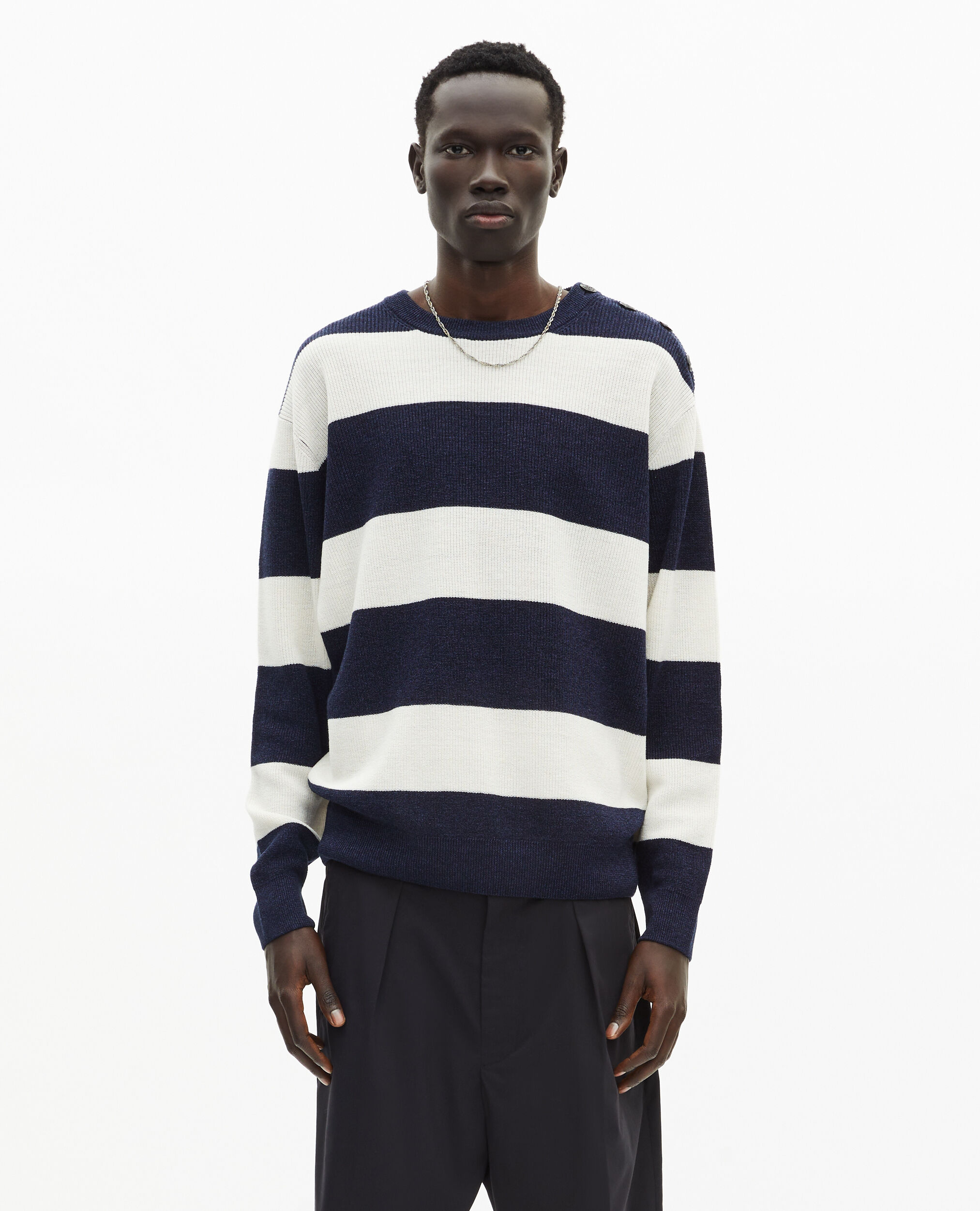 Pull en laine et lin à rayures marine, ECRU NAVY, hi-res image number null