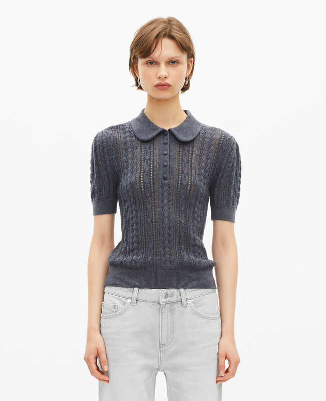 The Kooples FEMME ANTHRACITE pull manches courtes en laine mérinos gris