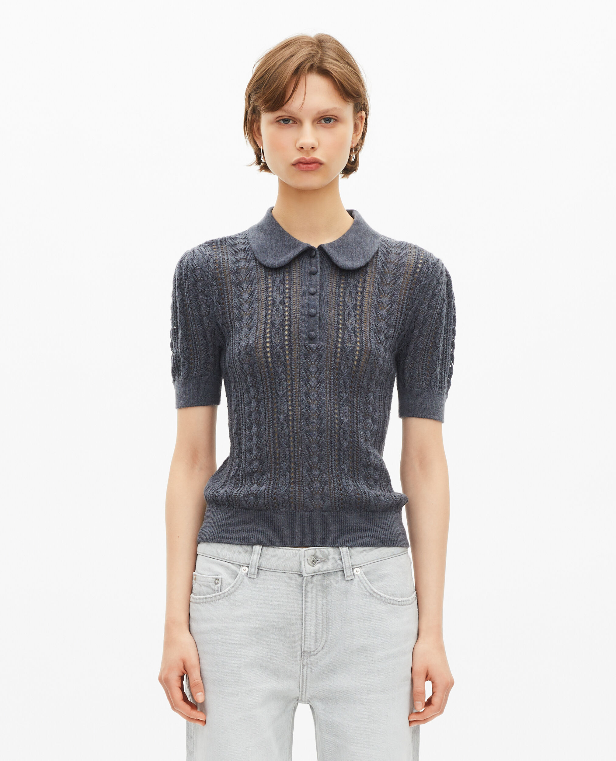 Pull manches courtes en laine mérinos gris, ANTHRACITE, hi-res image number null