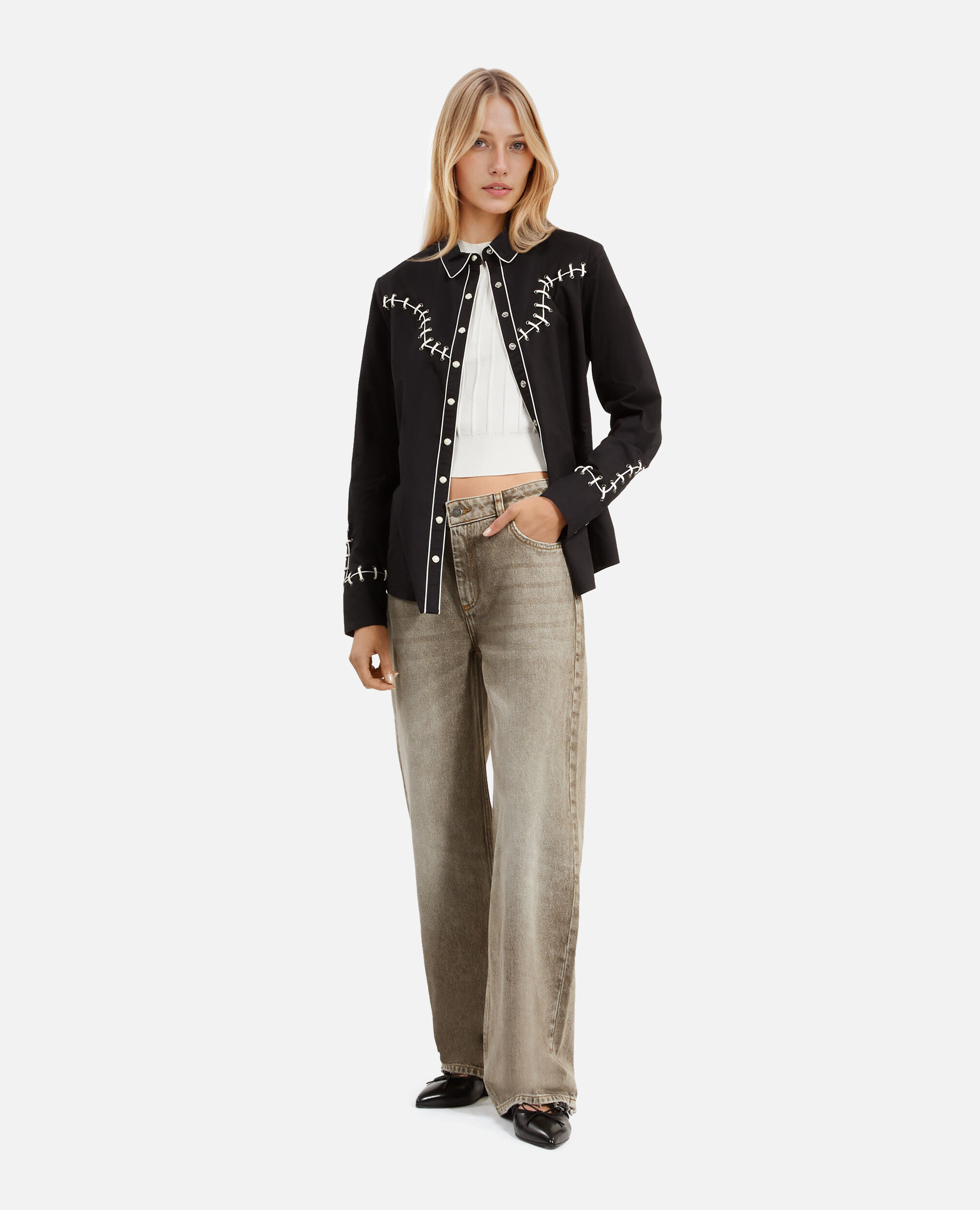 Chemise style western avec broderies noire, BLACK, hi-res image number null