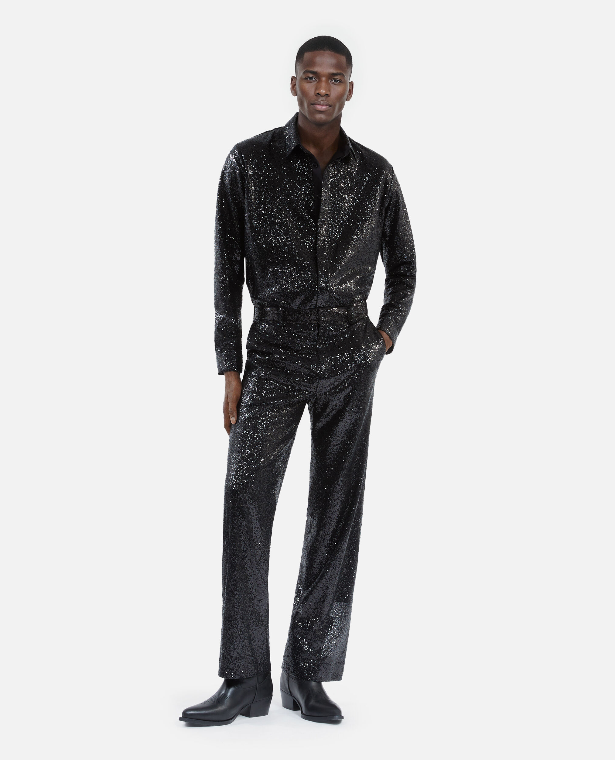 Pantalon droit à sequins noir, BLACK, hi-res image number null