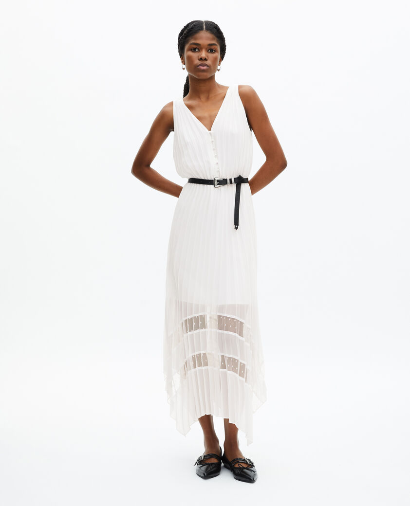 The Kooples MUJER ECRU vestido largo plisado blanco y plumetis