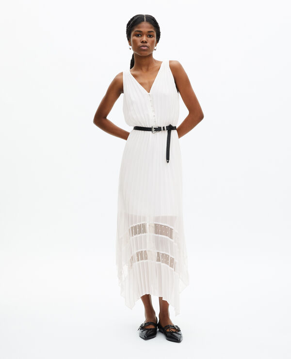 The Kooples FEMME ECRU robe longue avec plissage blanche et plumetis